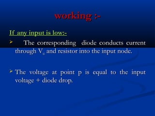 working :-
If any input is low:-
    The corresponding diode conducts current
  through Vcc and resistor into the input node.

   The voltage at point p is equal to the input
    voltage + diode drop.
 