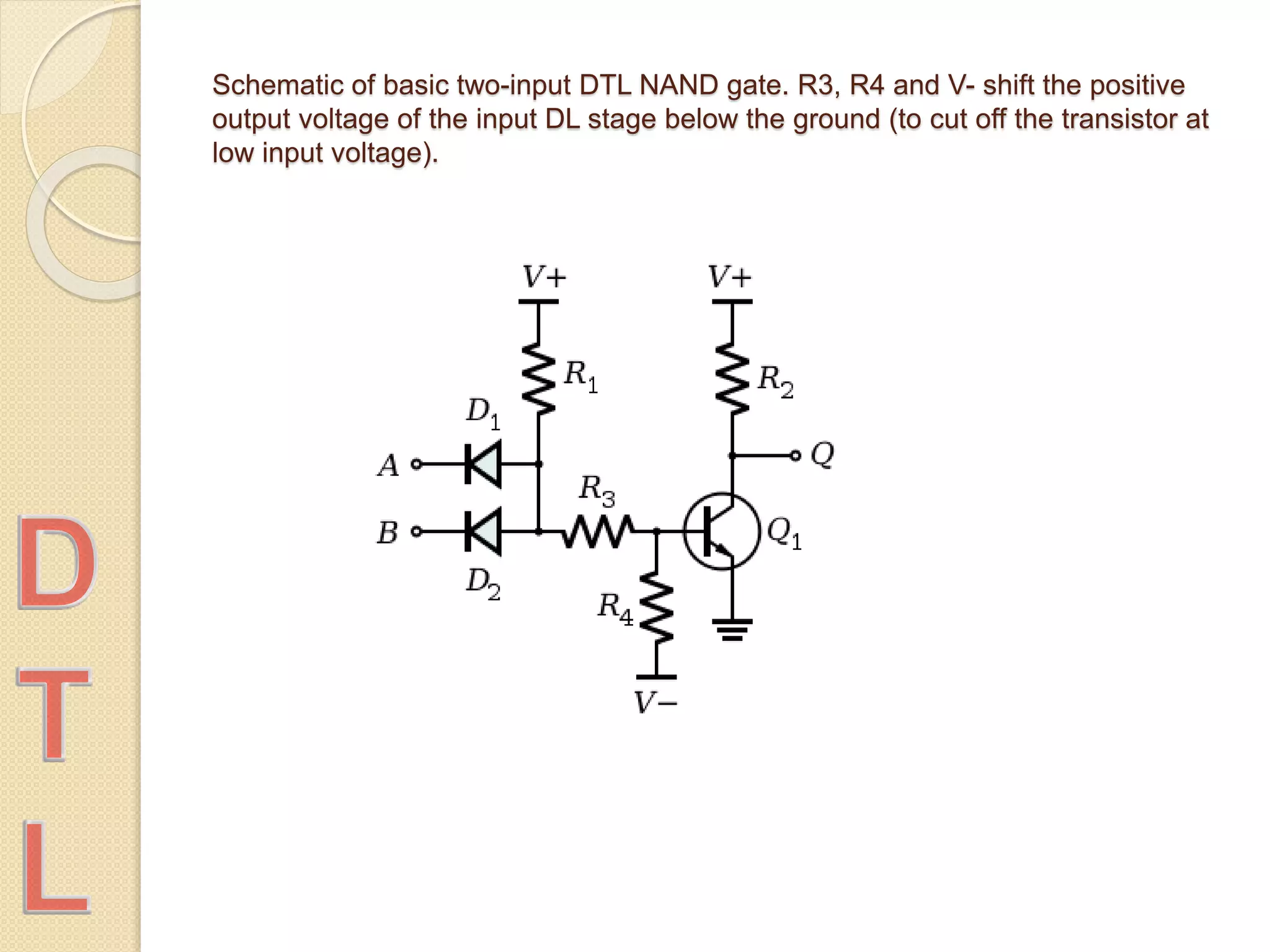 Schematic of basic two-input DTL NAND gate. R3, R4 and V- shift the positive
output voltage of the input DL stage below the ground (to cut off the transistor at
low input voltage).
 