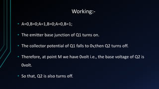 Working:-
• A=0,B=0;A=1,B=0;A=0,B=1;
• The emitter base junction of Q1 turns on.
• The collector potential of Q1 falls to 0v,then Q2 turns off.
• Therefore, at point M we have 0volt i.e., the base voltage of Q2 is
0volt.
• So that, Q2 is also turns off.
 