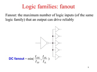 Fanout: the maximum number of logic inputs (of the same
logic family) that an output can drive reliably
Logic families: fanout
DC fanout = min( )
IL
OL
IH
OH
I
I
I
I
,
9
 
