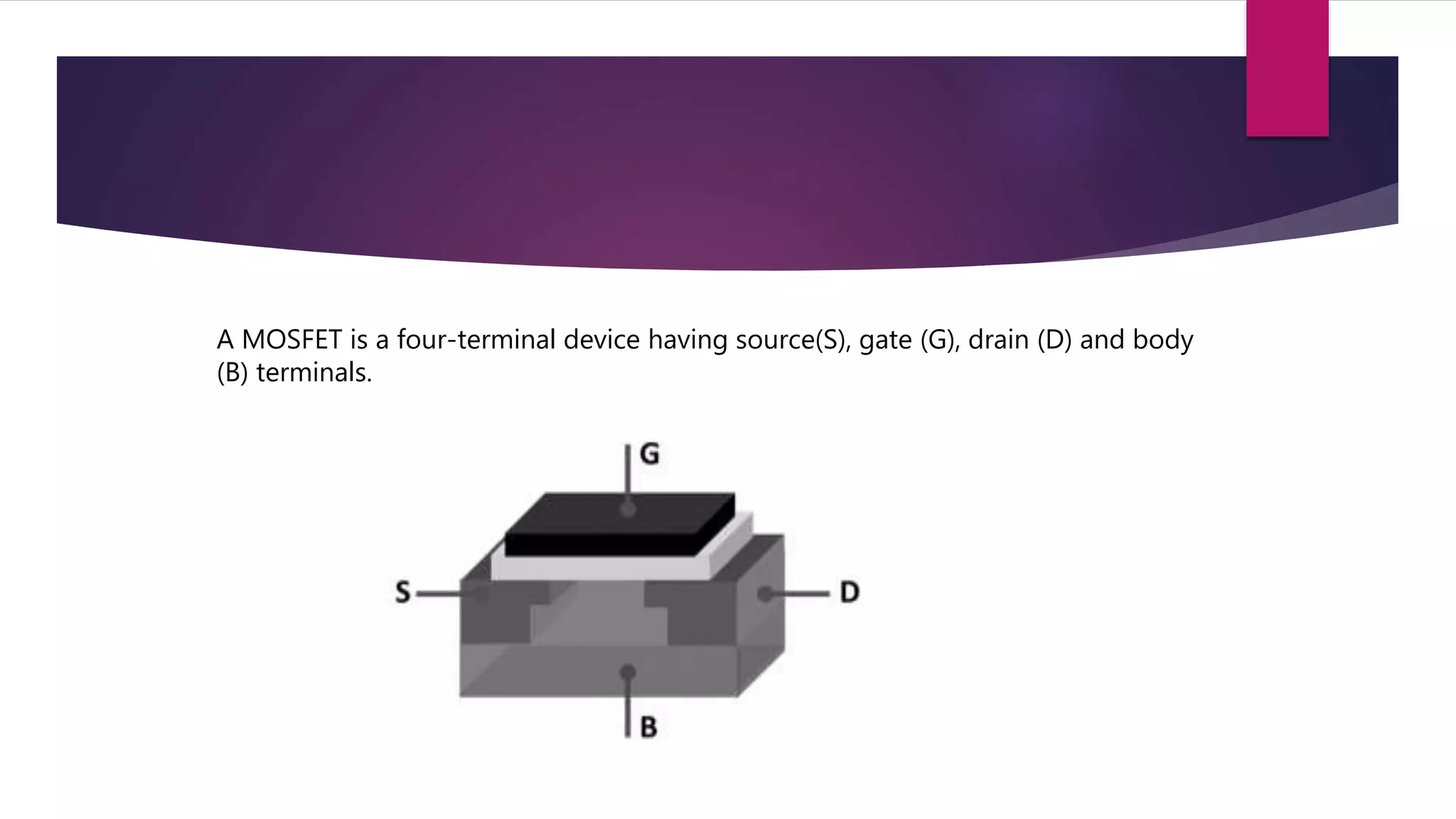 A MOSFET is a four-terminal device having source(S), gate (G), drain (D) and body
(B) terminals.
 