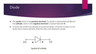 Diode
 The anode which is the positive terminal of a diode is represented with A and
the cathode, which is the negative terminal is represented with K.
 To know the anode and cathode of a practical diode, a fine line is drawn on the
diode which means cathode, while the other end represents anode.
 