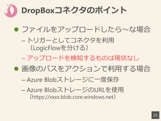 DropBoxコネクタのポイント
25
 ファイルをアップロードしたら～な場合
– トリガーとしてコネクタを利用
（LogicFlowを分ける）
– アップロードを検知するものは現状なし
 画像のパスをアクションで利用する場合
– Azure Blobストレージに一度保存
– Azure BlobストレージのURLを使用
（https://xxxx.blob.core.windows.net）
 