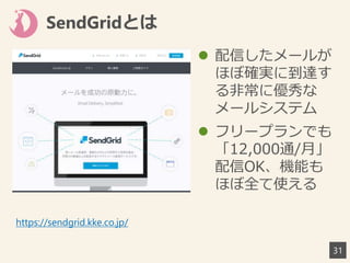 SendGridとは
 配信したメールが
ほぼ確実に到達す
る非常に優秀な
メールシステム
 フリープランでも
「12,000通/月」
配信OK、機能も
ほぼ全て使える
31
https://sendgrid.kke.co.jp/
 