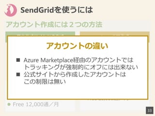 SendGridを使うには
日本公式サイトから作成
 SendGrid（日本公式）サイ
トで会員登録してアカウ
ント作成
 Free 12,000通／月
Azure内で作成
 Azure MarketPlaceから
アカウントを作成
 Free 25,000通／月
アカウント作成には２つの方法
33
 Azure Marketplace経由のアカウントでは
トラッキングが強制的にオフには出来ない
 公式サイトから作成したアカウントは
この制限は無い
アカウントの違い
 
