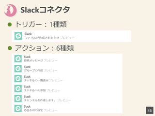 Slackコネクタ
36
 トリガー：1種類
 アクション：6種類
 