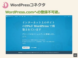 WordPressコネクタ
46
WordPress.comへの登録不可避。
 