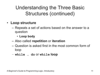 Understanding the Three Basic 
Structures (continued) 
• Loop structure 
– Repeats a set of actions based on the answer to a 
question 
• Loop body 
– Also called repetition or iteration 
– Question is asked first in the most common form of 
loop 
– while … do or while loop 
A Beginner's Guide to Programming Logic, Introductory 11 
 