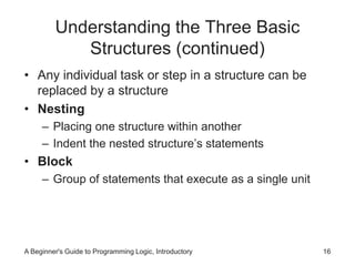 Understanding the Three Basic 
Structures (continued) 
• Any individual task or step in a structure can be 
replaced by a structure 
• Nesting 
– Placing one structure within another 
– Indent the nested structure’s statements 
• Block 
– Group of statements that execute as a single unit 
A Beginner's Guide to Programming Logic, Introductory 16 
 