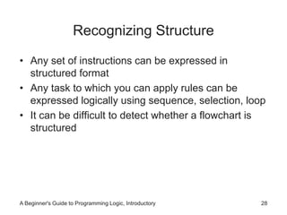 Recognizing Structure 
• Any set of instructions can be expressed in 
structured format 
• Any task to which you can apply rules can be 
expressed logically using sequence, selection, loop 
• It can be difficult to detect whether a flowchart is 
structured 
A Beginner's Guide to Programming Logic, Introductory 28 
 