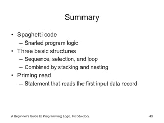 Summary 
• Spaghetti code 
– Snarled program logic 
• Three basic structures 
– Sequence, selection, and loop 
– Combined by stacking and nesting 
• Priming read 
– Statement that reads the first input data record 
A Beginner's Guide to Programming Logic, Introductory 43 
 