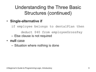 Understanding the Three Basic 
Structures (continued) 
• Single-alternative if 
if employee belongs to dentalPlan then 
deduct $40 from employeeGrossPay 
– Else clause is not required 
• null case 
– Situation where nothing is done 
A Beginner's Guide to Programming Logic, Introductory 9 
 