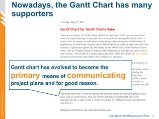 6Logic Gantt Chart Requiescat in Pace
©2012-2013PMAConsultantsLLC
Nowadays, the Gantt Chart has many
supporters
Retrieved on 9/24/12 from http://chart-gantt.blogspot.com/
Gantt chart has evolved to become the
primary means of communicating
project plans and for good reason.
 