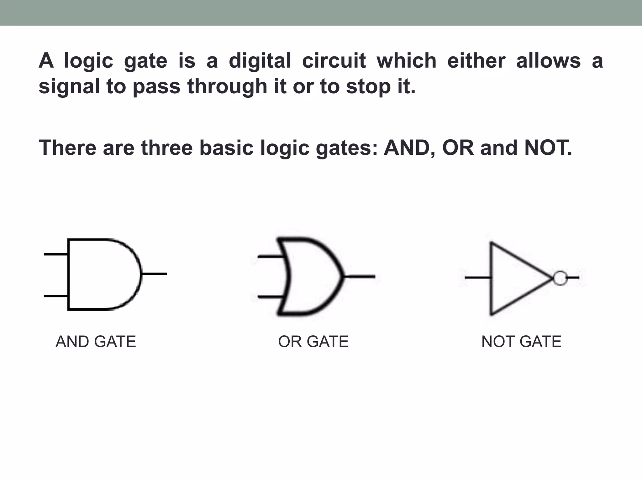 A logic gate is a digital circuit which either allows a
signal to pass through it or to stop it.
There are three basic logic gates: AND, OR and NOT.
AND GATE OR GATE NOT GATE