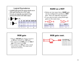 4
Logical Equivalence
• A NAND gate gives the same results as an
AND gate feeding into a NOT gate.
• Circuits are logically equivalent if they
produce the same truth table output.
A B AB NOT AB NAND ABA B AB NOT AB NAND AB
0 0 0 1 1
0 1 0 1 1
1 0 0 1 1
1 1 1 0 0
NAND as a NOT
• Below are two ways that a NAND gate
b fi d t d NOTcan be configured to produce a NOT
gate. They are logically equivalent.
• It can also be done using NOR logic
gates in the same way.
A A NAND AA
0 0 1
1 1 0
A 1 NAND A’
0 1 1
1 1 0
NOR gate
• This is a NOT-OR gate which is equal to
an OR gate followed by a NOT gatean OR gate followed by a NOT gate.
• The outputs of all NOR gates are false if
any of the inputs are true.
• The symbol is an OR gate with a small
circle on the output. The small circle
represents inversionrepresents inversion.
NOR gate cont.
 