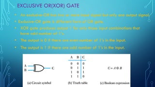 EXCLUSIVE OR(XOR) GATE
• An exclusive-OR has two or more input signal but only one output signal.
• Exclusive-OR gate is different form of OR gate.
• XOR gate produces output 1 for only those input combinations that
have odd number of 1’s.
• The output is 0 if there are even number of 1’s in the input.
• The output is 1 if there are odd number of 1’s in the input.
 