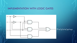 IMPLEMENTATION WITH LOGIC GATES
F=x’y’z+x’yz+xy’
 