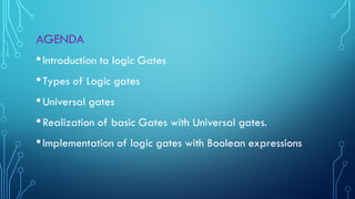 AGENDA
•Introduction to logic Gates
•Types of Logic gates
•Universal gates
•Realization of basic Gates with Universal gates.
•Implementation of logic gates with Boolean expressions
 
