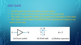 NOT GATE
• A NOT gate has only one input and one output.
• The output state is always the opposite of the input state.
• The output is sometimes called the complement (opposite) of the input.
• NOT gate is also called as INVERTER Gate, Because the output is not
same as the input
 