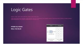 Logic Gates
DIGITAL LOGIC “AND” GATE TYPESTHE 2-INPUT LOGIC AND GATE
LOGIC AND GATES ARE AVAILABLE USING DIGITAL CIRCUITS TO PRODUCE THE DESIRED LOGICAL FUNCTION AND IS GIVEN A SYMBOL WHOSE
SHAPE REPRESENTS THE LOGICAL OPERATION OF THE AND GATE.
HYDER ALI KHAN
ROLL F18 ESL49
 