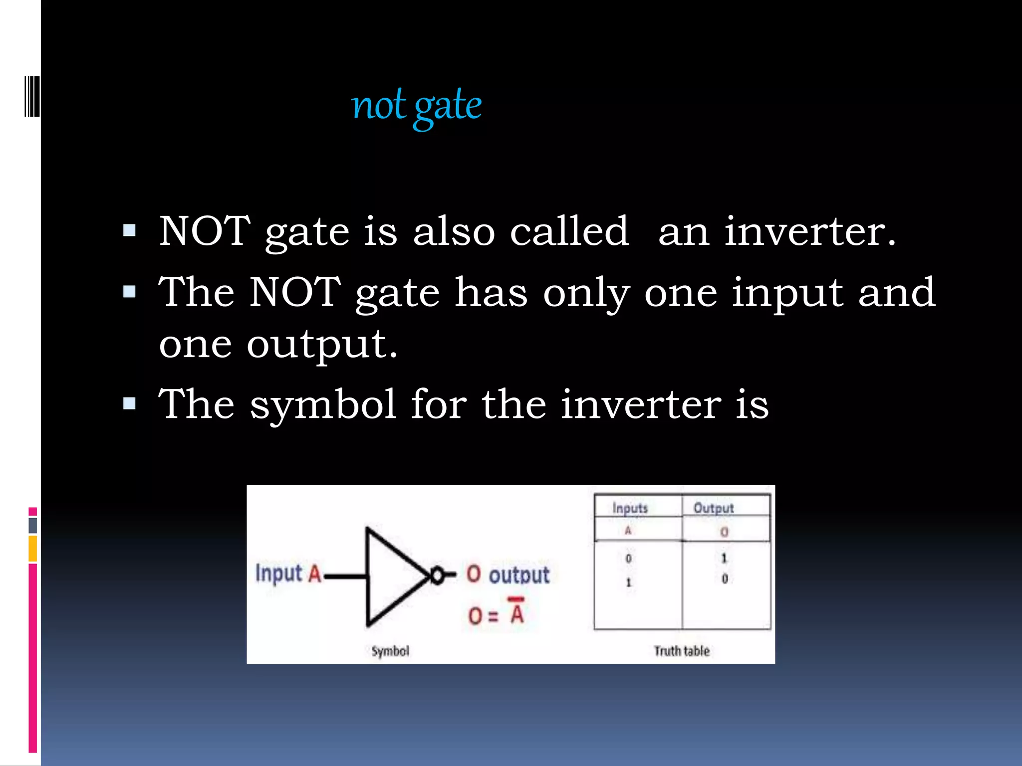 notgate
 NOT gate is also called an inverter.
 The NOT gate has only one input and
one output.
 The symbol for the inverter is
 