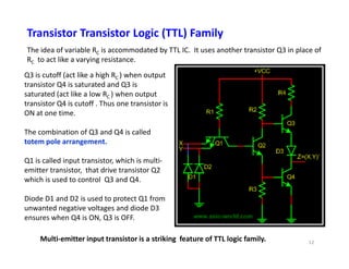 Transistor Transistor Logic (TTL) Family
Q3 is cutoff (act like a high RC ) when output
transistor Q4 is saturated and Q3 is
saturated (act like a low RC ) when output
transistor Q4 is cutoff . Thus one transistor is
ON at one time.
The combination of Q3 and Q4 is called
The idea of variable RC is accommodated by TTL IC. It uses another transistor Q3 in place of
RC to act like a varying resistance.
The combination of Q3 and Q4 is called
totem pole arrangement.
Q1 is called input transistor, which is multi-
emitter transistor, that drive transistor Q2
which is used to control Q3 and Q4.
Diode D1 and D2 is used to protect Q1 from
unwanted negative voltages and diode D3
ensures when Q4 is ON, Q3 is OFF.
Multi-emitter input transistor is a striking feature of TTL logic family. 12
 