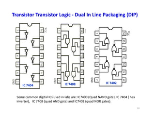 Transistor Transistor Logic - Dual In Line Packaging (DIP)
IC 7404 IC 7408
Some common digital ICs used in labs are: IC7400 (Quad NAND gate), IC 7404 ( hex
inverter), IC 7408 (quad AND gate) and IC7402 (quad NOR gates).
IC 7402
14
 