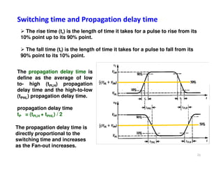 Switching time and Propagation delay time
 The rise time (tr) is the length of time it takes for a pulse to rise from its
10% point up to its 90% point.
 The fall time (tf) is the length of time it takes for a pulse to fall from its
90% point to its 10% point.
The propagation delay time is
define as the average of low
to- high (tPLH) propagation
to- high (tPLH) propagation
delay time and the high-to-low
(tPHL) propagation delay time.
propagation delay time
tP = (tPLH + tPHL) / 2
The propagation delay time is
directly proportional to the
switching time and increases
as the Fan-out increases.
21
 