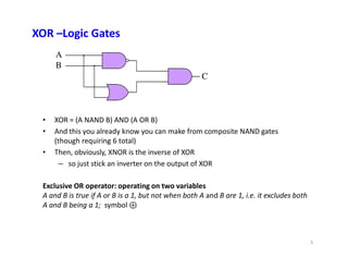 • XOR = (A NAND B) AND (A OR B)
• And this you already know you can make from composite NAND gates
A
B
C
XOR –Logic Gates
• And this you already know you can make from composite NAND gates
(though requiring 6 total)
• Then, obviously, XNOR is the inverse of XOR
– so just stick an inverter on the output of XOR
Exclusive OR operator: operating on two variables
A and B is true if A or B is a 1, but not when both A and B are 1, i.e. it excludes both
A and B being a 1; symbol ⊕
5
 