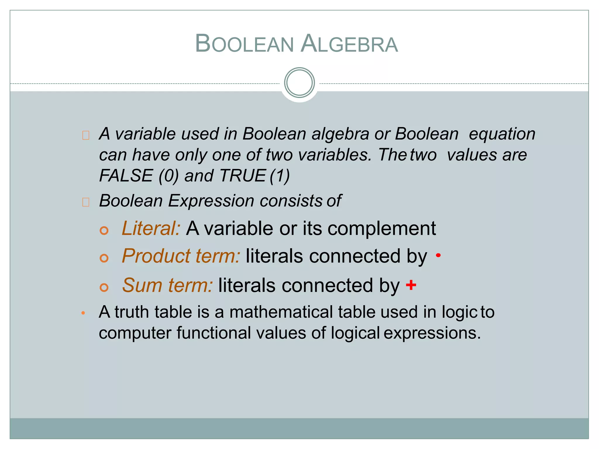BOOLEAN ALGEBRA
A variable used in Boolean algebra or Boolean equation
can have only one of two variables. Thetwo values are
FALSE (0) and TRUE (1)
Boolean Expression consists of
 Literal: A variable or its complement
 Product term: literals connected by •
 Sum term: literals connected by +
• A truth table is a mathematical table used in logic to
computer functional values of logical expressions.
 