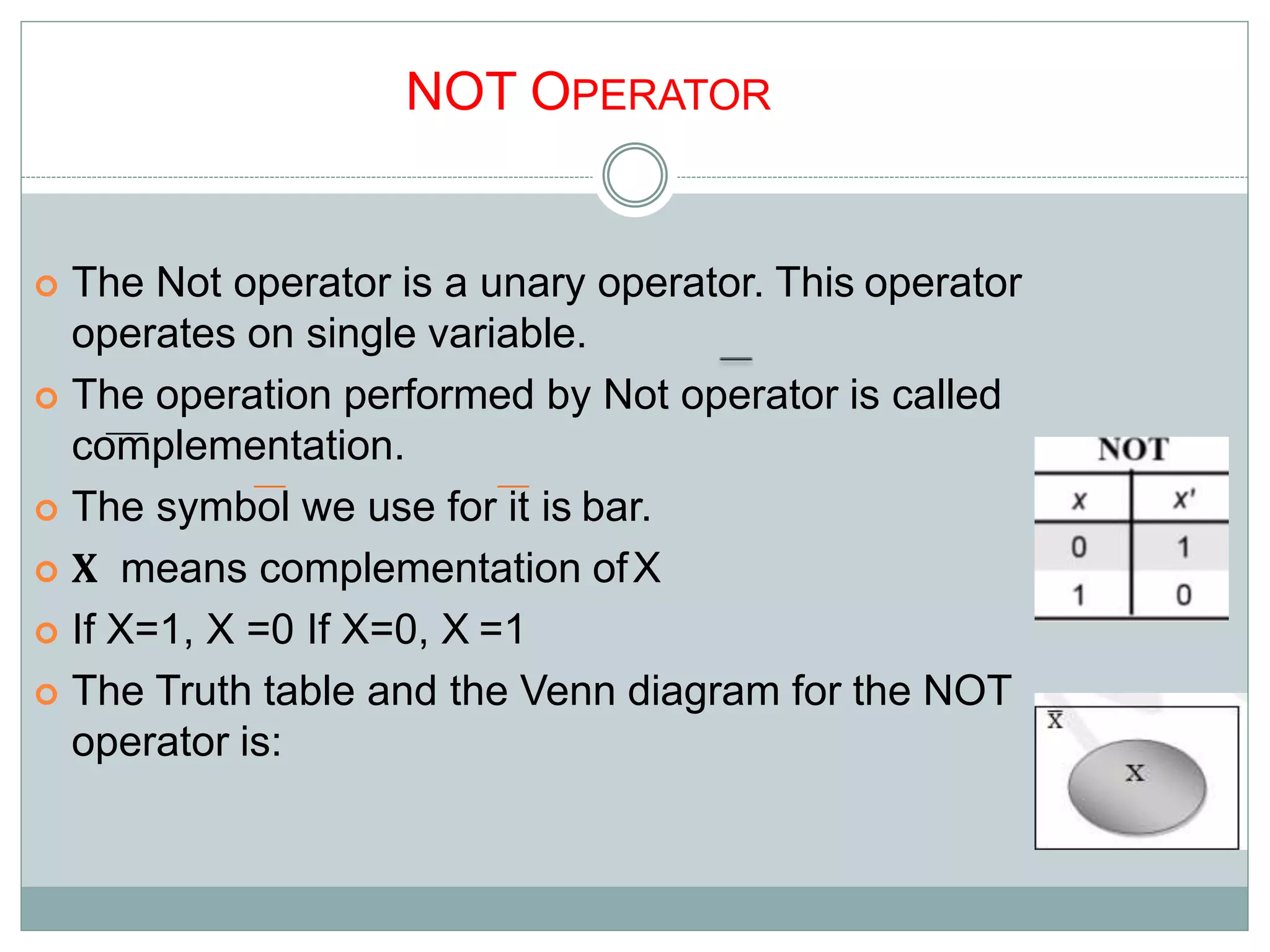 NOT OPERATOR
 The Not operator is a unary operator. This operator
operates on single variable.
 The operation performed by Not operator is called
complementation.
 The symbol we use for it is bar.
 𝐗 means complementation ofX
 If X=1, X =0 If X=0, X =1
 The Truth table and the Venn diagram for the NOT
operator is:
11
 