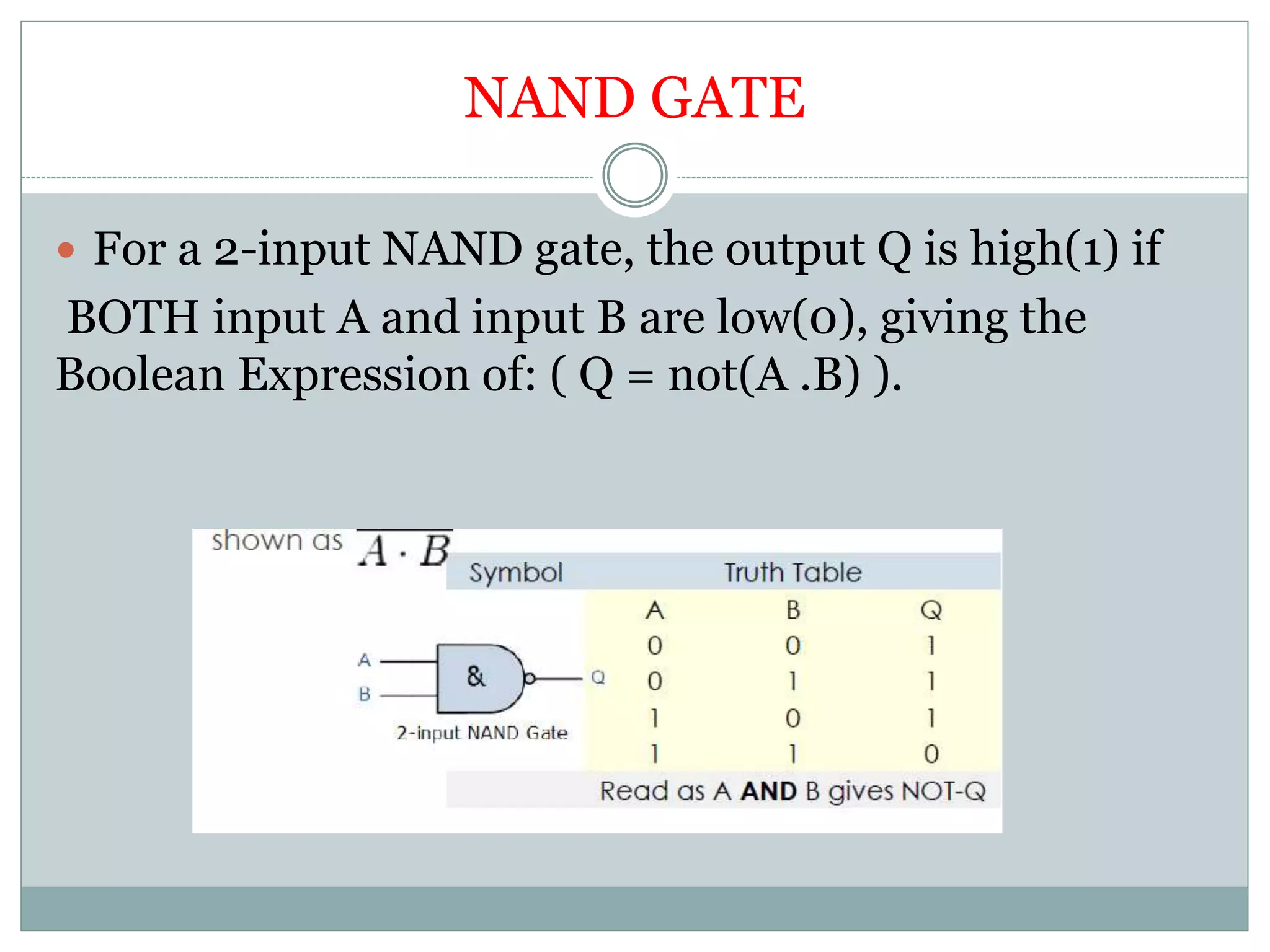 NAND GATE
 For a 2-input NAND gate, the output Q is high(1) if
BOTH input A and input B are low(0), giving the
Boolean Expression of: ( Q = not(A .B) ).
 
