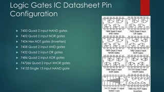 Logic Gates IC Datasheet Pin
Configuration
 7400 Quad 2 input NAND gates
 7402 Quad 2 input NOR gates
 7404 Hex NOT gates (Inverters)
 7408 Quad 2 input AND gates
 7432 Quad 2 input OR gates
 7486 Quad 2 input XOR gates
 747266 Quad 2 input XNOR gates
 74133 Single 13 input NAND gate
 