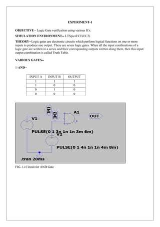 EXPERIMENT-1
OBJECTIVE-- Logic Gate verification using various ICs.
SIMULATION ENVIRONMENT-- LTSpiceECE(EC2)
THEORY--Logic gates are electronic circuits which perform logical functions on one or more
inputs to produce one output. There are seven logic gates. When all the input combinations of a
logic gate are written in a series and their corresponding outputs written along them, then this input/
output combination is called Truth Table.
VARIOUS GATES--
1-AND--
FIG-1.i Circuit for AND Gate
INPUT A INPUT B OUTPUT
1 1 1
1 0 0
0 1 0
0 0 0
 