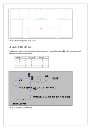FIG-5.ii Pulse Output for NOR Gate
6-Exclusive OR (X-OR) Gate--
Ex-OR gate produces an output as 1, when number of 1’s at its inputs is odd, otherwise output is 0.
It has two inputs and one output.
FIG-6.i Circuit for Ex-OR Gate
INPUT A INPUT B OUTPUT
0 0 0
0 1 1
1 0 1
1 1 0
 