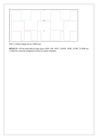 FIG-7.ii Pulse Output for Ex-NOR Gate
RESULT-- All the truth table of logic gates AND , OR , NOT , NAND , NOR , X-OR , X-NOR are
verified by using the integrated circuits on online simulator.
 