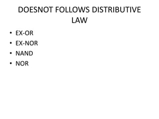DOESNOT FOLLOWS DISTRIBUTIVE
LAW
• EX-OR
• EX-NOR
• NAND
• NOR
 
