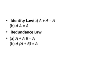• Identity Law(a) A + A = A
(b) A A = A
• Redundance Law
• (a) A + A B = A
(b) A (A + B) = A
 