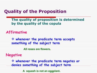 Quality of the Proposition The quality of proposition is determined by the quality of the copula Affirmative whenever the predicate term accepts something of the subject term Negative whenever the predicate term negates or denies something of the subject term All roses are flowers . A  squash is not an eggplant . 