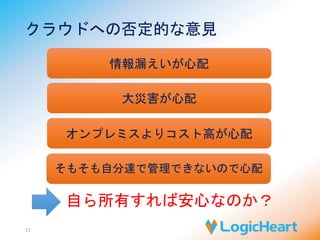 クラウドへの否定的な意見 
11 
情報漏えいが心配 
大災害が心配 
オンプレミスよりコスト高が心配 
そもそも自分達で管理できないので心配 
自ら所有すれば安心なのか？ 
 