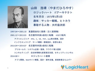 山田浩靖（やまだひろやす） 
ロジックハートITアーキテクト 
生年月日：1973年5月5日 
趣味：サッカー観戦、史跡巡り、ヒトカラ 
尊敬する人物：大村益次郎 
6 
1997.04〜2001.10 某通信会社に勤務（主に営業職） 
2001.12〜2013.03 名古屋市内某SI会社に転職→SEに転向 
アプリエンジニア：RPG、C、VB、PHP、Java等の開発、設計 
インフラエンジニア：サーバ構築・環境設計、仮想化導入 
2013.04〜2014.07 名古屋市内某SI会社に転職 
プリセールス：システム企画・提案、クラウド導入提案 
コンサルティング：自治体情報化政策策定支援、セキュリティコンサル 
2014.08〜ロジックハート創業 
アプリ開発、Webサイト構築、設計・要件定義、新規事業立ち上げ？ 
 