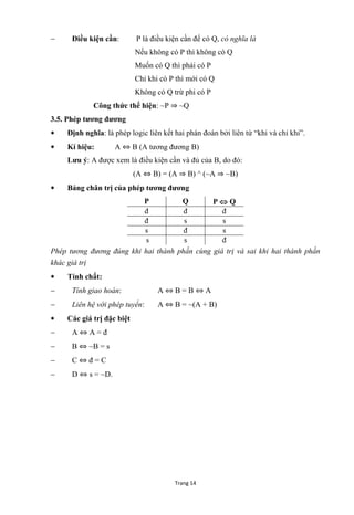 Trang 14
 Điều kiện cần: P là điều kiện cần để có Q, có nghĩa là
Nếu không có P thì không có Q
Muốn có Q thì phải có P
Chỉ khi có P thì mới có Q
Không có Q trừ phi có P
Công thức thể hiện: ~P ⇒ ~Q
3.5. Phép tƣơng đƣơng
 Định nghĩa: là phép logic liên kết hai phán đoán bởi liên từ “khi và chỉ khi”.
 Kí hiệu: A ⇔ B (A tƣơng đƣơng B)
Lƣu ý: A đƣợc xem là điều kiện cần và đủ của B, do đó:
(A ⇔ B) = (A ⇒ B) ^ (~A ⇒ ~B)
 Bảng chân trị của phép tƣơng đƣơng
P Q P  Q
đ đ đ
đ s s
s đ s
s s đ
Phép tương đương đúng khi hai thành phần cùng giá trị và sai khi hai thành phần
khác giá trị
 Tính chất:
 Tính giao hoán: A ⇔ B = B ⇔ A
 Liên hệ với phép tuyển: A ⇔ B = ~(A + B)
 Các giá trị đặc biệt
 A ⇔ A = đ
 B ⇔ ~B = s
 C ⇔ đ = C
 D ⇔ s = ~D.
 