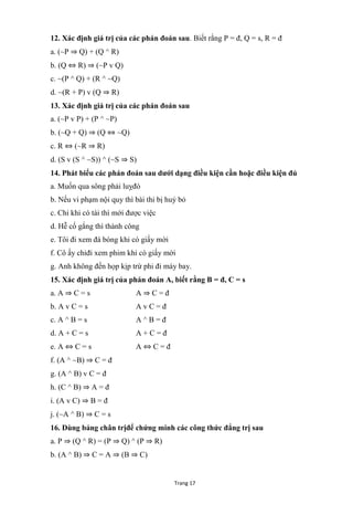 Trang 17
12. Xác định giá trị của các phán đoán sau. Biết rằng P = đ, Q = s, R = đ
a. (~P ⇒ Q) + (Q ^ R)
b. (Q ⇔ R) ⇒ (~P v Q)
c. ~(P ^ Q) + (R ^ ~Q)
d. ~(R + P) v (Q ⇒ R)
13. Xác định giá trị của các phán đoán sau
a. (~P v P) + (P ^ ~P)
b. (~Q + Q) ⇒ (Q ⇔ ~Q)
c. R ⇔ (~R ⇒ R)
d. (S v (S ^ ~S)) ^ (~S ⇒ S)
14. Phát biểu các phán đoán sau dƣới dạng điều kiện cần hoặc điều kiện đủ
a. Muốn qua sông phải luỵđò
b. Nếu vi phạm nội quy thì bài thi bị huỷ bỏ
c. Chỉ khi có tài thì mới đƣợc việc
d. Hễ cố gắng thì thành công
e. Tôi đi xem đá bóng khi có giấy mời
f. Cô ấy chỉđi xem phim khi có giấy mời
g. Anh không đến họp kịp trừ phi đi máy bay.
15. Xác định giá trị của phán đoán A, biết rằng B = đ, C = s
a. A ⇒ C = s A ⇒ C = đ
b. A v C = s A v C = đ
c. A ^ B = s A ^ B = đ
d. A + C = s A + C = đ
e. A ⇔ C = s A ⇔ C = đ
f. (A ^ ~B) ⇒ C = đ
g. (A ^ B) v C = đ
h. (C ^ B) ⇒ A = đ
i. (A v C) ⇒ B = đ
j. (~A ^ B) ⇒ C = s
16. Dùng bảng chân trịđể chứng minh các công thức đẳng trị sau
a. P ⇒ (Q ^ R) = (P ⇒ Q) ^ (P ⇒ R)
b. (A ^ B) ⇒ C = A ⇒ (B ⇒ C)
 