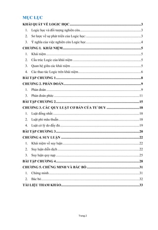 Trang 2
MỤC LỤC
KHÁI QUÁT VỀ LOGIC HỌC...................................................................................3
1. Logic học và đối tƣợng nghiên cứu.......................................................................3
2. Sơ lƣợc về sự phát triển của Logic học:................................................................3
3. Ý nghĩa của việc nghiên cứu Logic học................................................................4
CHƢƠNG I. KHÁI NIỆM...........................................................................................5
1. Khái niệm ..............................................................................................................5
2. Cấu trúc Logic của khái niệm ...............................................................................5
3. Quan hệ giữa các khái niệm ..................................................................................5
4. Các thao tác Logic trên khái niệm.........................................................................6
BÀI TẬP CHƢƠNG 1...................................................................................................8
CHƢƠNG 2. PHÁN ĐOÁN..........................................................................................9
1. Phán đoán ..............................................................................................................9
3. Phán đoán phức ...................................................................................................11
BÀI TẬP CHƢƠNG 2.................................................................................................15
CHƢƠNG 3. CÁC QUY LUẬT CƠ BẢN CỦA TƢ DUY ......................................18
1. Luật đồng nhất:....................................................................................................18
2. Luật phi mâu thuẫn..............................................................................................18
4. Luật có lý do đầy đủ............................................................................................19
BÀI TẬP CHƢƠNG 3.................................................................................................20
CHƢƠNG 4. SUY LUẬN ...........................................................................................22
1. Khái niệm về suy luận.........................................................................................22
2. Suy luận diễn dịch ...............................................................................................22
3. Suy luận quy nạp .................................................................................................25
BÀI TẬP CHƢƠNG 4.................................................................................................28
CHƢƠNG 5. CHỨNG MINH VÀ BÁC BỎ .............................................................31
1. Chứng minh.........................................................................................................31
2. Bác bỏ..................................................................................................................32
TÀI LIỆU THAM KHẢO...........................................................................................33
 