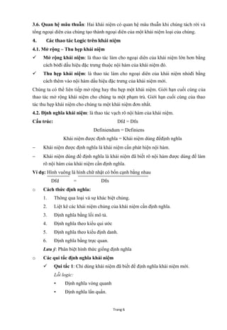 Trang 6
3.6. Quan hệ mâu thuẫn: Hai khái niệm có quan hệ mâu thuẫn khi chúng tách rời và
tổng ngoại diên của chúng tạo thành ngoại diên của một khái niệm loại của chúng.
4. Các thao tác Logic trên khái niệm
4.1. Mở rộng – Thu hẹp khái niệm
 Mở rộng khái niệm: là thao tác làm cho ngoại diên của khái niệm lớn hơn bằng
cách bỏđi dấu hiệu đặc trƣng thuộc nội hàm của khái niệm đó.
 Thu hẹp khái niệm: là thao tác làm cho ngoại diên của khái niệm nhỏđi bằng
cách thêm vào nội hàm dấu hiệu đặc trƣng của khái niệm mới.
Chúng ta có thể liên tiếp mở rộng hay thu hẹp một khái niệm. Giới hạn cuối cùng của
thao tác mở rộng khái niệm cho chúng ta một phạm trù. Giới hạn cuối cùng của thao
tác thu hẹp khái niệm cho chúng ta một khái niệm đơn nhất.
4.2. Định nghĩa khái niệm: là thao tác vạch rõ nội hàm của khái niệm.
Cấu trúc: Dfd = Dfn
Definiendum = Definiens
Khái niệm đƣợc định nghĩa = Khái niệm dùng đểđịnh nghĩa
 Khái niệm đƣợc định nghĩa là khái niệm cần phát hiện nội hàm.
 Khái niệm dùng để định nghĩa là khái niệm đã biết rõ nội hàm đƣợc dùng để làm
rõ nội hàm của khái niệm cần định nghĩa.
Ví dụ: Hình vuông là hình chữ nhật có bốn cạnh bằng nhau
Dfd = Dfn
o Cách thức định nghĩa:
1. Thông qua loại và sự khác biệt chủng.
2. Liệt kê các khái niệm chủng của khái niệm cần định nghĩa.
3. Định nghĩa bằng lối mô tả.
4. Định nghĩa theo kiểu qui ƣớc
5. Định nghĩa theo kiểu định danh.
6. Định nghĩa bằng trực quan.
Lưu ý: Phân biệt hình thức giống định nghĩa
o Các qui tắc định nghĩa khái niệm
 Qui tắc 1: Chỉ dùng khái niệm đã biết để định nghĩa khái niệm mới.
Lỗi logic:
• Định nghĩa vòng quanh
• Định nghĩa lẩn quẩn.
 