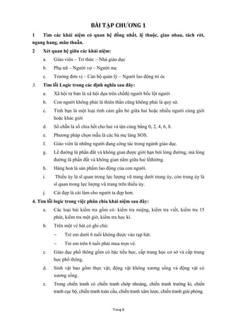 Trang 8
BÀI TẬP CHƢƠNG 1
1 Tìm các khái niệm có quan hệ đồng nhất, lệ thuộc, giao nhau, tách rời,
ngang hang, mâu thuẫn.
2 Xét quan hệ giữa các khái niệm:
a. Giáo viên – Trí thức – Nhà giáo dục
b. Phụ nữ – Ngƣời vợ – Ngƣời mẹ
c. Trƣởng đơn vị – Cán bộ quản lý – Ngƣời lao động trí óc
3. Tìm lỗi Logic trong các định nghĩa sau đây:
a. Xã hội tƣ bản là xã hội dựa trên chếđộ ngƣời bốc lột ngƣời
b. Con ngƣời không phải là thiên thần cũng không phải là quỷ sứ.
c. Tình bạn là một loại tình cảm gắn bó giữa hai hoặc nhiều ngƣời cùng giới
hoặc khác giới
d. Số chẵn là số chia hết cho hai và tận cùng bằng 0, 2, 4, 6, 8.
e. Phƣơng pháp chọn mẫu là các bà mẹ làng SOS.
f. Giáo viên là những ngƣời đang công tác trong ngành giáo dục.
g. Lề đƣờng là phần đất và không gian đƣợc giới hạn bởi lòng đƣờng, mà lòng
đƣờng là phần đất và không gian nằm giữa hai lềđƣờng.
h. Hàng hoá là sản phẩm lao động của con ngƣời.
i. Thiếu úy là sĩ quan trong lực lƣợng vũ trang dƣới trung úy, còn trung úy là
sĩ quan trong lực lƣợng vũ trang trên thiếu úy.
j. Cái đẹp là cái làm cho ngƣời ta đẹp hơn.
4. Tìm lỗi logic trong việc phân chia khái niệm sau đây:
a. Các loại bài kiểm tra gồm có: kiểm tra miệng, kiểm tra viết, kiểm tra 15
phút, kiểm tra một giờ, kiểm tra học kì.
b. Trên một vé hát có ghi chú:
 Trẻ em dƣới 6 tuổi không đƣợc vào rạp hát.
 Trẻ em trên 6 tuổi phải mua trọn vé.
c. Giáo dục phổ thông gồm có bậc tiểu học, cấp trung học cơ sở và cấp trung
học phổ thông.
d. Sinh vật bao gồm thực vật, động vật không xƣơng sống và động vật có
xƣơng sống.
e. Trong chiến tranh có chiến tranh chớp nhoáng, chiến tranh trƣờng kì, chiến
tranh cục bộ, chiến tranh toàn cầu, chiến tranh xâm lƣợc, chiến tranh giải phóng.
 