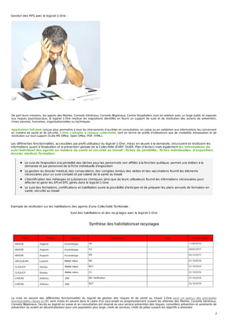 Gestion des RPS avec le logiciel 1-One :
De part leurs missions, les agents des Mairies, Conseils Généraux, Conseils Régionaux, Centre Hospitaliers sont en relation avec un large public et exposés
aux risques psychosociaux, le logiciel 1-One restitue les expositions identiﬁés en fourni un support de suivi et de restitution des actions de prévention,
mises oeuvres, humaines, organisationnelles ou techniques.
Application full-web conçue pour permettre à tous les intervenants d’accéder en consultation, en saisie ou en validation aux informations les concernant
en matière de santé et de sécurité, 1-One s'adapte à chaque collectivité, tant en terme de proﬁls d'utilisateurs que de modalités d'évaluation et de
restitution sur tout support (Suite MS Oﬃce, Open Oﬃce, PDF, HTML).
Les diﬀérentes fonctionnalités, accessibles par proﬁl utilisateur du logiciel 1-One, mises en œuvre à la demande, structurent et restituent les
informations quant à l'évaluation et la prévention globale de la Collectivité (EVRP, DUER, Plan d’Action) mais également les informations de
suivi individuel des agents en matière de santé et sécurité au travail : ﬁches de pénibilité, ﬁches individuelles d'exposition,
dossier médical, formation:
Le suivi de l'exposition à la pénibilité des tâches pour les personnels non aﬃliés à la fonction publique, permet une édition à la
demande et par personnel de la ﬁche individuelle d'exposition
La gestion du dossier médical, des convocations, des comptes rendus des visites et des vaccinations fournit les éléments
nécessaires pour un suivi complet et par salarié de la santé au travail
L'identiﬁcation des mélanges et substances chimiques ainsi que de leurs utilisateurs fournit les informations nécessaires pour
aﬀecter et gérer les EPI et EPC gérés dans le logiciel 1-One
Le suivi des formations, certiﬁcations et habilitation ouvre la possibilité d'anticiper et de préparer les plans annuels de formation en
santé, sécurité au travail
Exemple de restitution sur les habilitations des agents d'une Collectivité Territoriale :
Suivi des habilitations et des recyclages avec le logiciel 1-One
La mise en oeuvre des diﬀérentes fonctionnalités du logiciel de gestion des risques et de santé au travail 1-One, pour un aperçu des principales
fonctionnalités cliquez ici [2] ,sont mises en oeuvre dans le cadre d'un seul projet ou progressivement suivant les attentes des Mairies, Conseils Généraux,
Conseils Régionaux, l'accès au logiciel en saisie et en consultation est réservé au seul service prévention des risques, conseillers prévention et assistants de
prévention ou ouvert en décentralisation pour une population plus large, chefs de services, chefs de pôles suivant les objectifs à atteindre.
2
 
