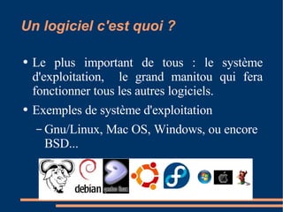 Un logiciel c'est quoi ? Le plus important de tous : le système d'exploitation,  le grand manitou qui fera fonctionner tous les autres logiciels. Exemples de système d'exploitation  Gnu/Linux, Mac OS, Windows, ou encore BSD... 