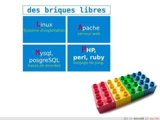 des briques libres
      Linux                Apache
Système d'exploitation
                           serveur web




      Mysql,                 PHP,
  posgreSQL              perl, ruby
                         langage de prog.
  bases de données




                                            (C) // danzo08 // sxc.hu
 