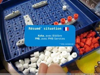 Résumé* situation

     Koha, avec Biblibre
   PMB, avec PMB Services

                     * très condensé




                            CC-BY-NC-ND // Jilldoughtie // Flickr
 